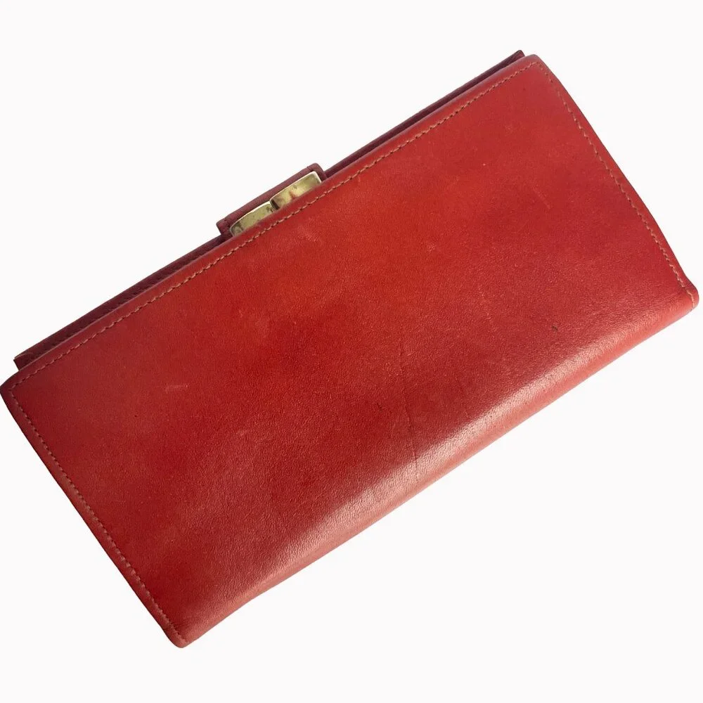 Vintage Anne Klein Wallet Checkbook Holder Bifold Rust Leather Kiss Lock